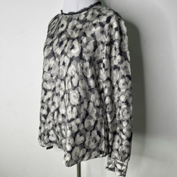 Theory Women's Grey Black 100% Silk Floral Ruffle Long Sleeve Blouse Size Medium - Picture 3 of 13